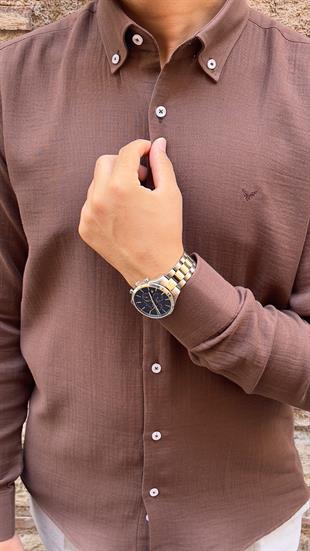 Slim Fit Uzun Kol Müslin Pamuk Rahat Nefes Alabilen Kumaştan Yaka Düğmeli Hediye Kutulu Erkek Gömlek FS-004202 - Kahverengi