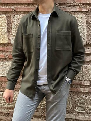 Oversize Gabardin Pamuklu Hediye Kutulu Erkek Ceket Gömlek FS-003868 - Haki