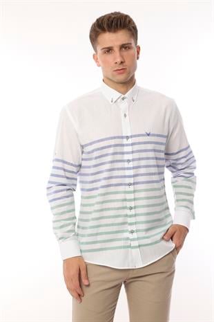 Slim Fit Uzun Kol Panolu Keten Hediye Kutulu Kolay Ütülenebilir Erkek Gömlek FS-002996 - Yeşil