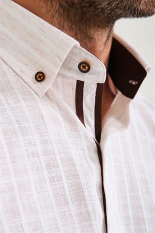 Klasik Kısa Kol Armür Çizgili Flam Keten Düğmeli Yaka Hediye Kutulu Erkek Gömlek FS-000678 - Ekru