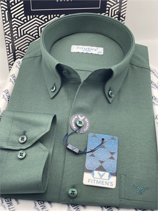 Klasik Uzun Kol Pamuklu Yaka Düğmeli Hediye Kutulu Kolay Ütülenebilir Erkek Gömlek FS-003897 - Koyu Yeşil