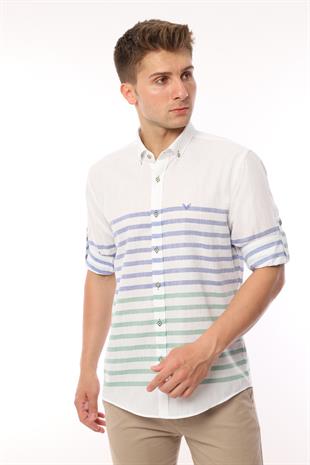 Slim Fit Uzun Kol Panolu Keten Hediye Kutulu Kolay Ütülenebilir Erkek Gömlek FS-002996 - Yeşil