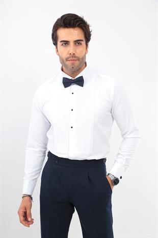 Slim Fit Uzun Kol Soft Saten Smokin Damatlık Erkek Hediye Kutulu Gömlek FS-001947 - Beyaz Lacivert