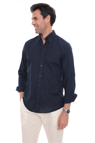 Slim Fit Uzun Kol Yaka Düğmeli Nefes Alan Keten Hediye Kutulu Erkek Gömlek FS-004548 - Lacivert