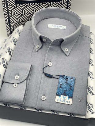 Slim Fit Uzun Kol Müslin Pamuk Rahat Nefes Alabilen Kumaştan Yaka Düğmeli Hediye Kutulu Erkek Gömlek FS-004202 - Gri