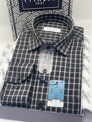 Klasik Uzun Kol Kışlık Kareli %100 Cotton Yaka Alttan Düğmeli Hediye Kutulu Erkek Gömlek FS-003129 - Siyah