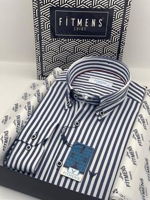 Slim Fit Uzun Kol Likralı Çizgili Yaka Düğmeli Hediye Kutulu Erkek Gömlek FS-003669 - Lacivert