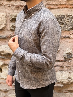 Slim Fit Uzun Kol Müslin Dijital Baskılı Hediye Kutulu Erkek Gömlek FS-004599 - Antrasit