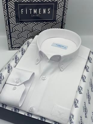 Klasik Uzun Kol Pamuklu Yaka Düğmeli Hediye Kutulu Kolay Ütülenebilir Erkek Gömlek FS-003897 - Beyaz