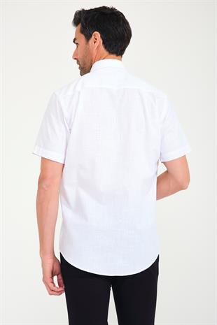 Klasik Kısa Kol Linen Keten Yaka Düğmeli Hediye Kutulu Erkek Gömlek FS-001202 - Beyaz Lacivert