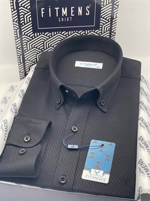 Slim Fit Uzun Kol Baklava Desen Kol Nakışlı Yaka Düğmeli Hediye Kutulu Şık Erkek Gömlek FS-004200 - Siyah