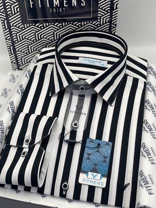 Klasik Uzun Kol Çizgili Cepsiz Yaka Alttan Düğmeli Likralı Hediye Kutulu Erkek Gömlek FS-003175 - Siyah Beyaz