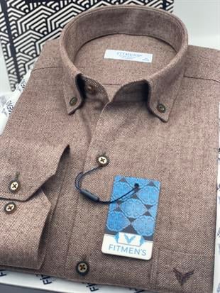 Klasik Uzun Kol Kışlık Balıksırtı Oduncu Yaka Düğmeli Pamuklu Hediye Kutulu Erkek Gömlek FS-001991 - Kahverengi