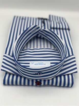 Slim Fit Uzun Kol Likralı Çizgili Yaka Düğmeli Hediye Kutulu Erkek Gömlek FS-003669 - Saks Mavi