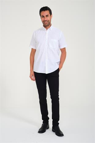 Klasik Kısa Kol Linen Keten Yaka Düğmeli Hediye Kutulu Erkek Gömlek FS-001202 - Beyaz Lacivert