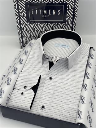 Klasik Uzun Kol Nokta Desenli Hediye Kutulu Erkek Gömlek FS-001259 - Beyaz Siyah