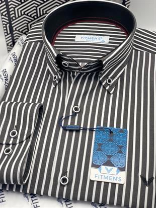 Slim Fit Uzun Kol Premium Kalın Çizgili Yaka Düğmeli Hediye Kutulu Kolay Ütülenebilir Erkek Gömlek FS-001375 - Siyah
