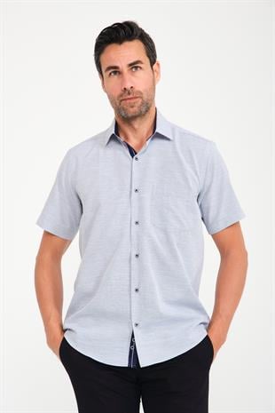 Klasik Kısa Kol V Flam Keten Hediye Kutulu Erkek Gömlek FS-001217 - Lacivert