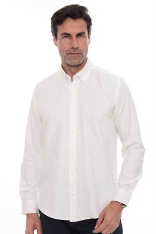 Slim Fit Uzun Kol Baklava Desen Kol Nakışlı Yaka Düğmeli Hediye Kutulu Şık Erkek Gömlek FS-004200 - Krem