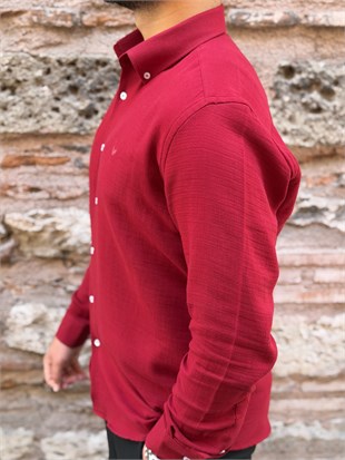 Slim Fit Uzun Kol Müslin Pamuk Rahat Nefes Alabilen Kumaştan Yaka Düğmeli Hediye Kutulu Erkek Gömlek FS-004202 - Bordo