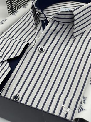 Klasik Uzun Kol Kalın Çizgili Hediye Kutulu Erkek Gömlek FS-001260 - Beyaz Lacivert