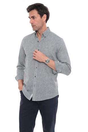 Slim Fit Uzun Kol Yaka Düğmeli Nefes Alan Keten Hediye Kutulu Erkek Gömlek FS-004548 - Yeşil
