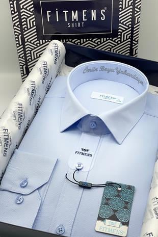 Slim Fit Uzun Kol Ömür Boyu Yakandayım Nakışlı Hediye Kutulu Erkek Gömlek FS-001376 - Mavi