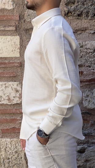 Slim Fit Uzun Kol Müslin Pamuk Rahat Nefes Alabilen Kumaştan Yaka Düğmeli Hediye Kutulu Erkek Gömlek FS-004202 - Krem