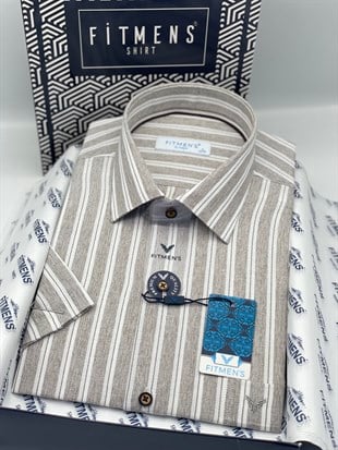 Klasik Kısa Kol Keten Cotton Nefes Alan Kumaş Hediye Kutulu Erkek Gömlek FS-004574 - Bej