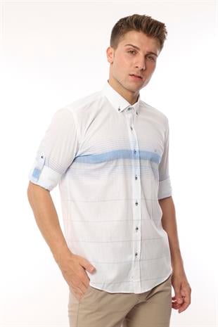 Slim Fit Uzun Kol Panolu Keten Hediye Kutulu Kolay Ütülenebilir Erkek Gömlek FS-002994 - Mavi