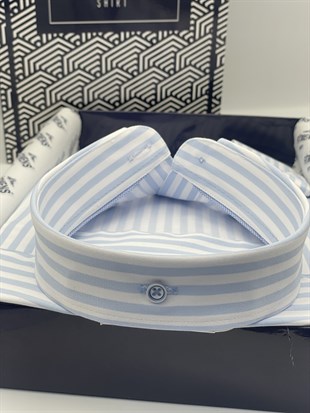 Slim Fit Uzun Kol Likralı Çizgili Yaka Düğmeli Hediye Kutulu Erkek Gömlek FS-003669 - Buz Mavi