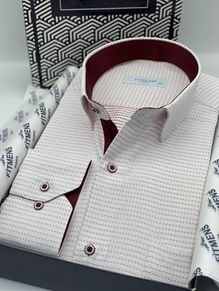 Klasik Uzun Kol Nokta Desenli Hediye Kutulu Erkek Gömlek FS-001259 - Beyaz Bordo