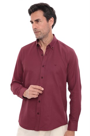 Slim Fit Uzun Kol Baklava Desen Kol Nakışlı Yaka Düğmeli Hediye Kutulu Şık Erkek Gömlek FS-004200 - Bordo