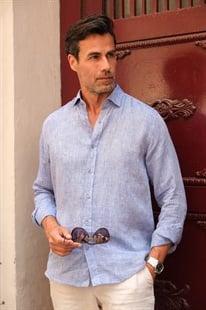 Slim Fit Uzun Kol %100 Keten Nefes Alabilen Kumaştan Hediye Kutulu Erkek Gömlek FS-004170 - Saks Mavi