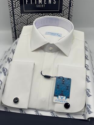 Slim Fit Uzun Kol Gizli Düğmeli Likralı Smokin Damatlık Erkek Gömlek FS-004296 - Krem