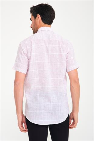 Klasik Kısa Kol Büyük Kare Flam Keten Düğmeli Yaka Hediye Kutulu Erkek Gömlek FS-000714 - Beyaz Bordo