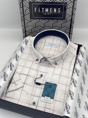 Klasik Kısa Kol Kareli Keten Cotton Yaka Düğmeli Hediye Kutulu Erkek Gömlek FS-003573 - Beyaz Bordo
