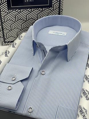 Klasik Uzun Kol İnce Çizgili Cepli Hediye Kutulu Erkek Gömlek FS-003317 - Beyaz Açık Mavi