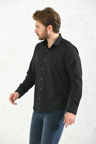 Slim Fit Uzun Kol Nokta Desenli Hediye Kutulu Erkek Gömlek FS-001374 - Siyah