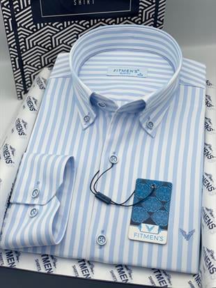Slim Fit Uzun Kol Likralı Çizgili Yaka Düğmeli Hediye Kutulu Erkek Gömlek FS-003669 - Buz Mavi