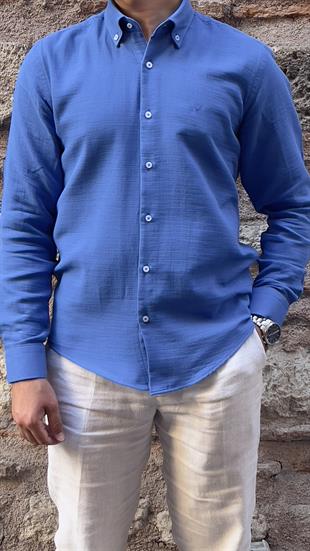 Slim Fit Uzun Kol Müslin Pamuk Rahat Nefes Alabilen Kumaştan Yaka Düğmeli Hediye Kutulu Erkek Gömlek FS-004202 - Saks Mavi