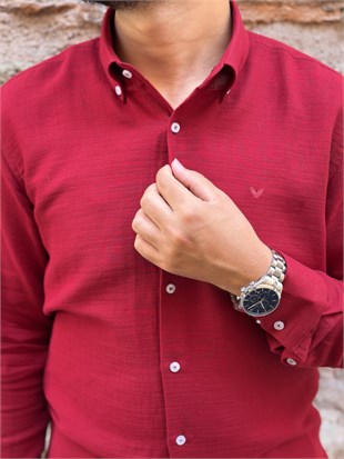 Slim Fit Uzun Kol Müslin Pamuk Rahat Nefes Alabilen Kumaştan Yaka Düğmeli Hediye Kutulu Erkek Gömlek FS-004202 - Bordo