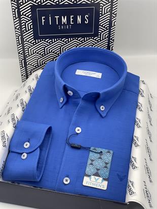 Slim Fit Uzun Kol Müslin Pamuk Rahat Nefes Alabilen Kumaştan Yaka Düğmeli Hediye Kutulu Erkek Gömlek FS-004202 - Saks Mavi