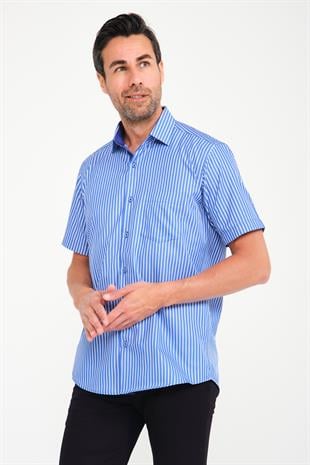 Klasik Kısa Kol Kalın Çizgili Hediye Kutulu Erkek Gömlek FS-000702 - Saks Mavi