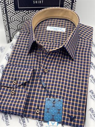 Klasik Geniş Kesim Uzun Kol Elegance Kareli Yaka Düğmeli Hediye Kutulu Erkek Gömlek FS-004341 - Lacivert Bej