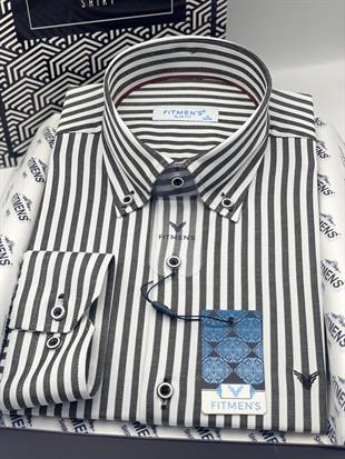 Slim Fit Uzun Kol Likralı Çizgili Yaka Düğmeli Hediye Kutulu Erkek Gömlek FS-003669 - Koyu Gri