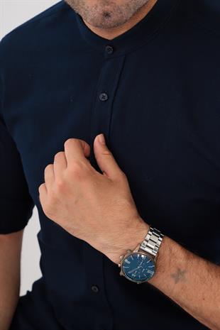 Hakim Yaka Slim Fit Keten Hediye Kutulu Erkek Gömlek FS-003042 - Lacivert