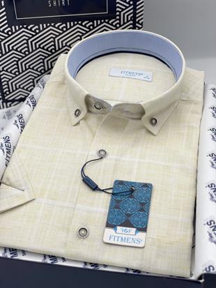 Klasik Kısa Kol Büyük Kare Flam Keten Düğmeli Yaka Hediye Kutulu Erkek Gömlek FS-000714 - Sarı