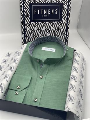 Hakim Yaka Slim Fit Keten Hediye Kutulu Erkek Gömlek FS-003042 - Yeşil