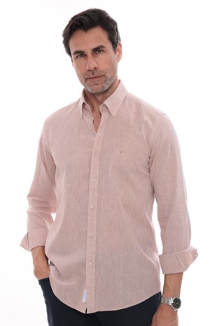 Slim Fit Uzun Kol Yaka Düğmeli Nefes Alan Keten Hediye Kutulu Erkek Gömlek FS-004548 - Koyu Bej